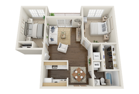 Village Square of Searcy 2 Bedroom 1 Bath 886 sq ft 3D Floor Plan
